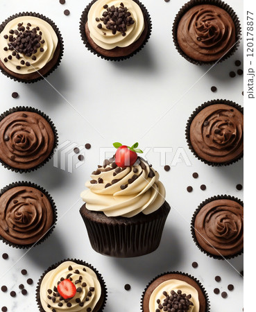 Delicious chocolate and vanilla cupcakes forming a circle on marble table Delicious chocolate and vanilla cupcakes forming a circle on marble table 120178877