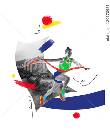 Contemporary art collage. Motivated runner crossing the finish line with colorful accents, symbolizing victory and determination 120178921