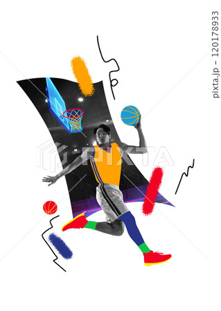 Contemporary art collage. Basketball player dunking with neon highlights, dynamic color contrasts and urban vibes, emphasizing athleticism and power. 120178933