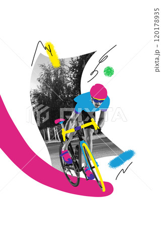 Contemporary art collage. Cyclist speeding around curve with energetic color highlights, contrasting with grayscale background 120178935
