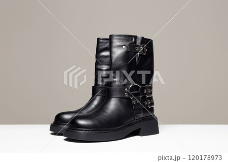 stylish shoes fashion still life. classic black boots stylish shoes fashion still life. classic black boots 120178973