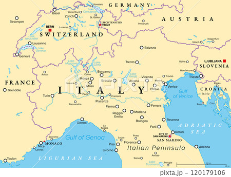 Northern Italy, political map. Geographical and cultural region in the northern part of Italy, a country in Europe. With international borders, important and largest cities, rivers and lakes. Vector. 120179106