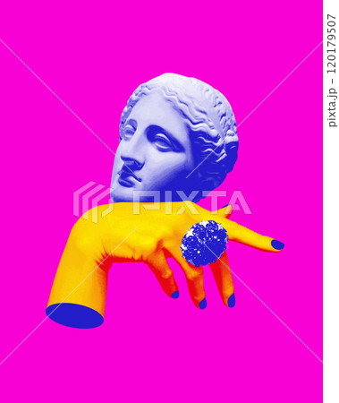 Yellow hand with classical sculpture head resting on it against bright pink background. Contemporary art collage. Yellow hand with classical sculpture head resting on it against bright pink background. Contemporary art collage. 120179507