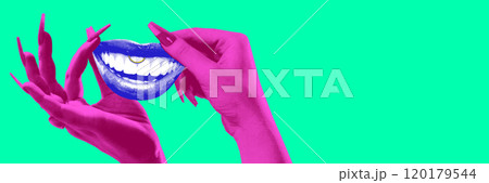 Purple hands holding bright blue mouth with toothy smile, set against turquoise background. Contemporary art collage. 120179544