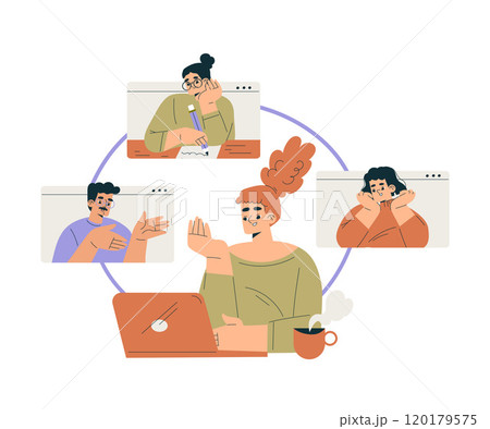 Productive Team with Business Man and Woman Meeting at Web Conference Work Together Vector Illustration Productive Team with Business Man and Woman Meeting at Web Conference Work Together Vector Illustration 120179575