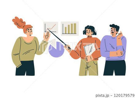 Productive Team with Business Man and Woman with Chart Work Together Vector Illustration 120179579