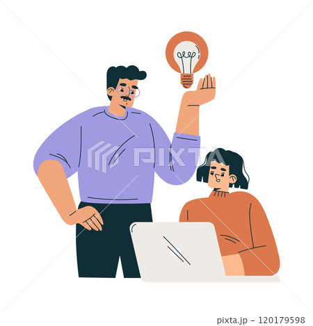 Productive Team with Business Man and Woman with Lightbulb Work Together Vector Illustration 120179598