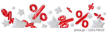Vibrant footer with floating percentage symbols and snow stars, isolated on white background. Special winter offers discounts. Modern border. Red and white colors. Bottom of the sheet. Foreground. 3D. 120179810