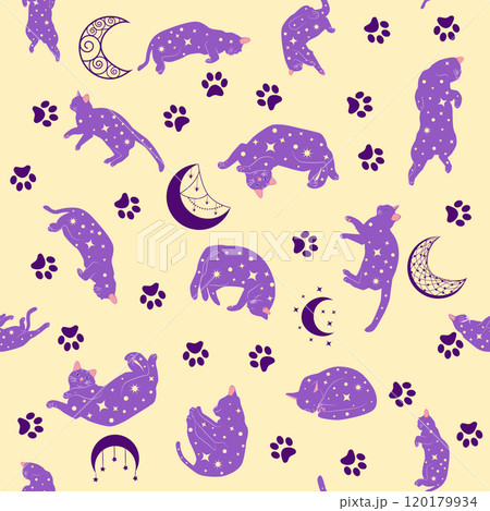 Mystical seamless pattern of cats in boho style, silhouette collection Mystical seamless pattern of cats in boho style, silhouette collection 120179934