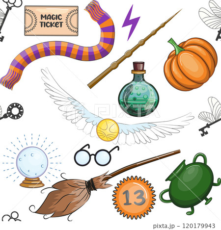 Magic items seamless pattern in cartoon bright style. Witchcraft and sorcery. Esotericism and mysticism, occultism. 120179943