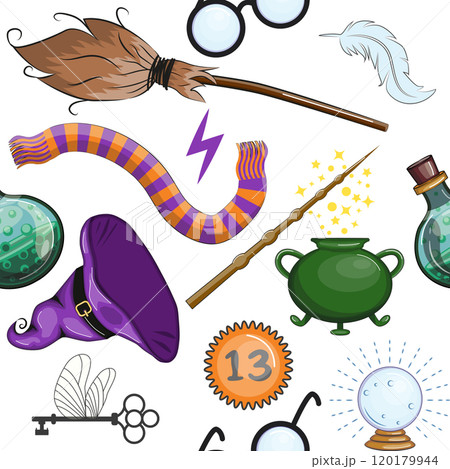 Magic items seamless pattern in cartoon bright style. Witchcraft and sorcery. Esotericism and mysticism, occultism. 120179944