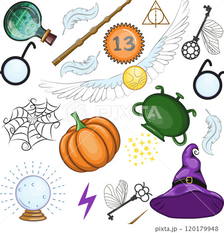 Magic items seamless pattern in cartoon bright style. Witchcraft and sorcery. Esotericism and mysticism, occultism. 120179948