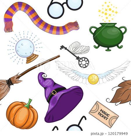 Magic items seamless pattern in cartoon bright style. Witchcraft and sorcery. Esotericism and mysticism, occultism. 120179949