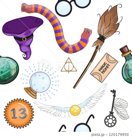 Magic items seamless pattern in cartoon bright style. Witchcraft and sorcery. Esotericism and mysticism, occultism. 120179950
