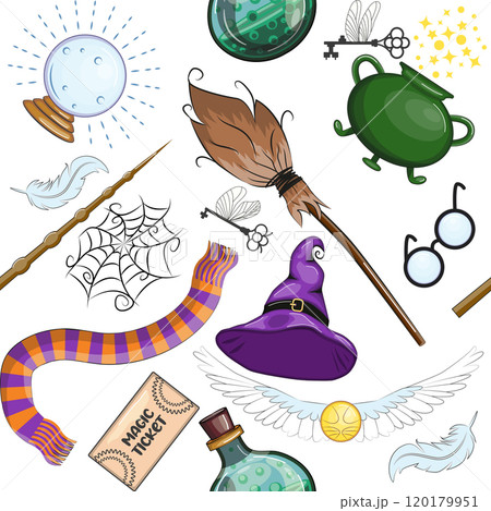 Magic items seamless pattern in cartoon bright style. Witchcraft and sorcery. Esotericism and mysticism, occultism. Magic items seamless pattern in cartoon bright style. Witchcraft and sorcery. Esotericism and mysticism, occultism. 120179951