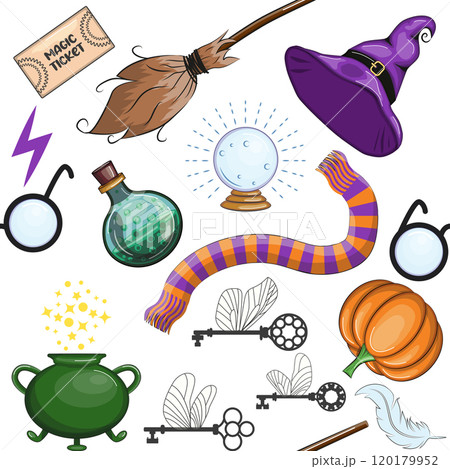 Magic items seamless pattern in cartoon bright style. Witchcraft and sorcery. Esotericism and mysticism, occultism. 120179952