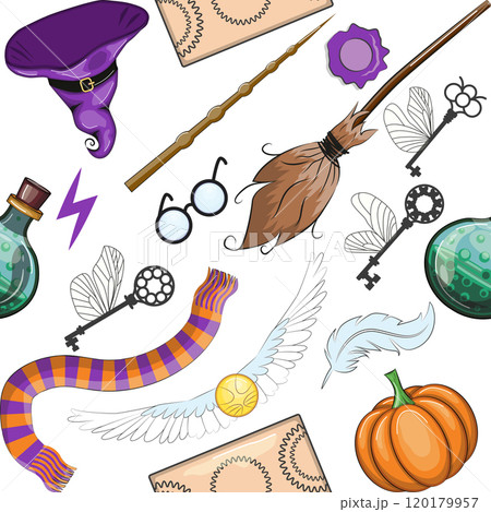 Magic items seamless pattern in cartoon bright style. Witchcraft and sorcery. Esotericism and mysticism, occultism. Magic items seamless pattern in cartoon bright style. Witchcraft and sorcery. Esotericism and mysticism, occultism. 120179957