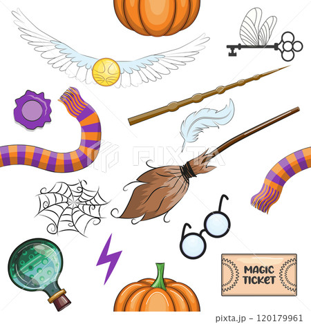 Magic items seamless pattern in cartoon bright style. Witchcraft and sorcery. Esotericism and mysticism, occultism. 120179961