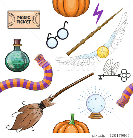 Magic items seamless pattern in cartoon bright style. Witchcraft and sorcery. Esotericism and mysticism, occultism. 120179963