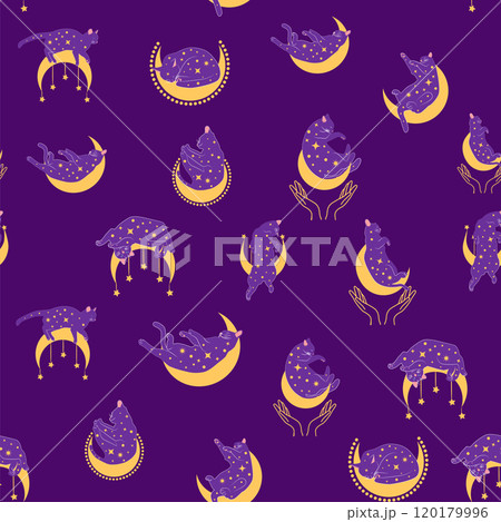 Mystical seamless pattern of cats in boho style, silhouette collection. Witchcraft and magic. Esotericism 120179996
