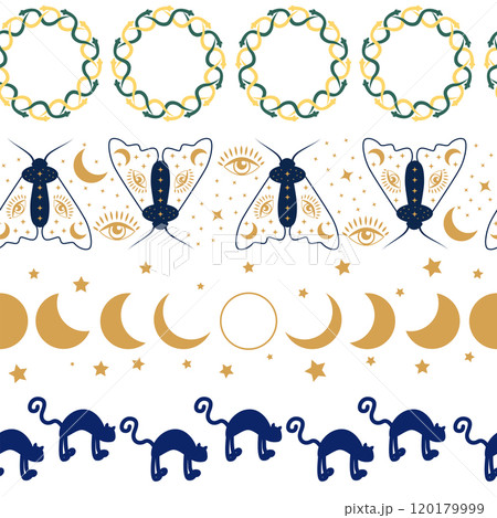Horizontal border, set Magic and heavens seamless pattern, with magical elements Symbols of witchcraft 120179999