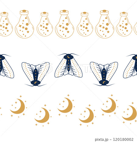 Horizontal border, set Magic and heavens seamless pattern, with magical elements Symbols of witchcraft 120180002