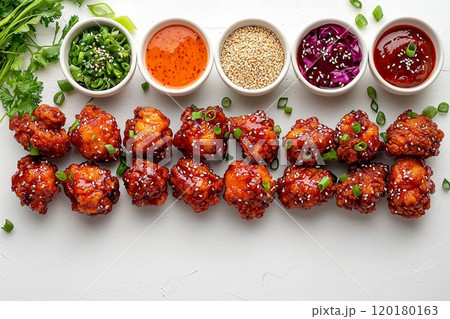 Crispy and golden brown pieces Korean fried chicken are glazed sticky spicy sauce and garnished sesame seeds and sliced green onions clean white background. 120180163