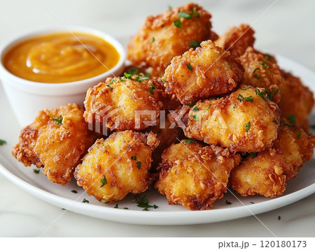 arrangement crunchy chicken nuggets showcases their golden exterior alongside small bowl dipping sauce emphasizing simplicity and deliciousness. 120180173