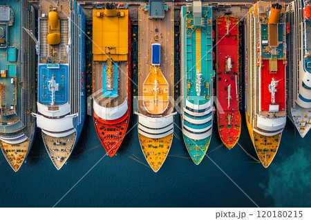 Aerial view of docked vibrant passenger cruise ships, showcasing vacation readiness and creative travel. Perfect for themes of summer tours and global exploration 120180215