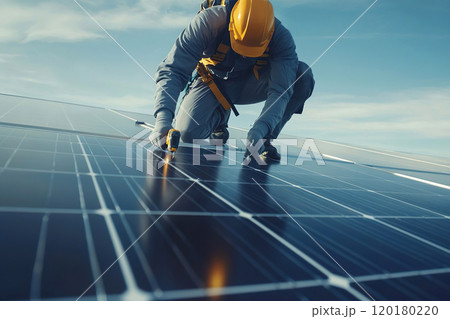 Worker in protective gear installs solar panels ensuring safety at height. Reflects themes of renewable energy, technical skills and secure installation practices 120180220