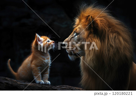 A curious ginger kitten and a wise lion face each other close up, symbolizing youthful energy against ancient wisdom. Conceptual view 120180221