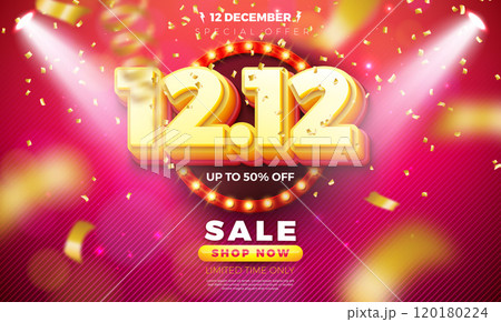 12 December Shopping Day Flash Sale Design with 3d 12.12 Number and Light Bulb Billboard on Red Background. Vector Special Offer 50 Percent Off Campaign Discount Illustration for Coupon, Voucher 120180224