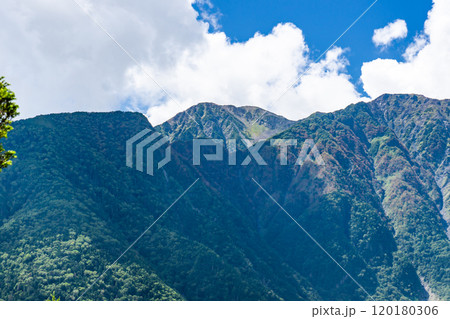 千枚小屋への登山道の見晴台から見る赤石岳　南アルプス　悪沢岳と荒川岳登山 120180306