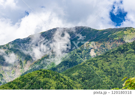 千枚小屋への登山道の見晴台から見る悪沢岳　南アルプス　悪沢岳と荒川岳登山 120180318