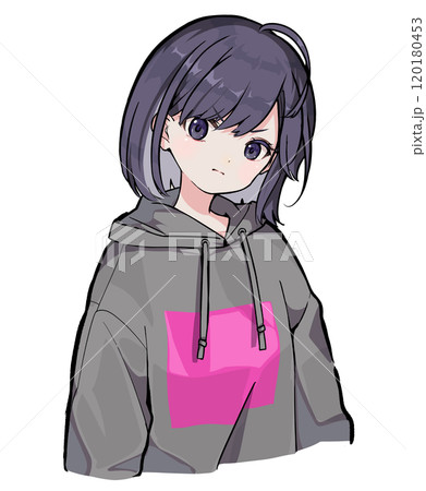パーカーペアルック ヒップ ホップ b 系 イラスト パーカーを着てむっとした黒髪ボブの女性のバストアップイラストのイラスト素材 120180453