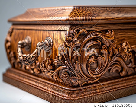 close up view reveals detailed craftsmanship rich dark wooden casket ornate carvings and decorative handles embodying sense tradition and solemnity. 120180509