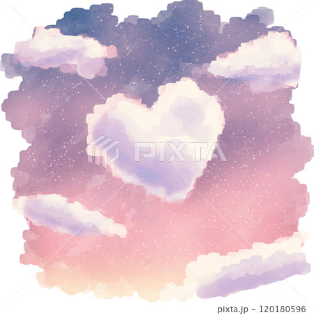 水彩タッチのハート型の雲が浮かぶ夕暮れのイラスト 120180596