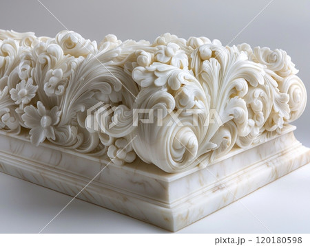 close up view showcases luxurious marble coffin intricately adorned floral motifs and detailed scrollwork emphasizing elegant craftsmanship polished finish. 120180598