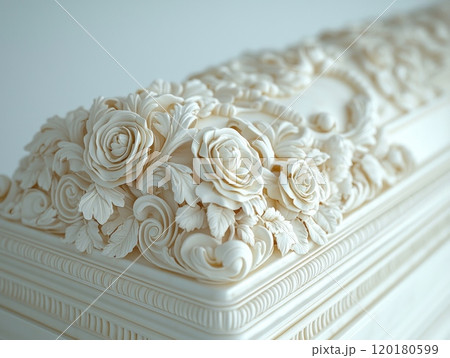 elegant marble coffin showcases detailed floral motifs and scrollwork polished finish emphasizing luxury and timeless beauty soft ambient lighting. 120180599