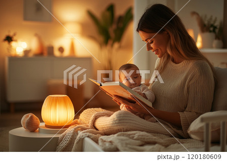 tranquil nursery mother gently reads her infant cradling baby her arms while surrounded soft blankets plush toys and warm ambient lighting. 120180609