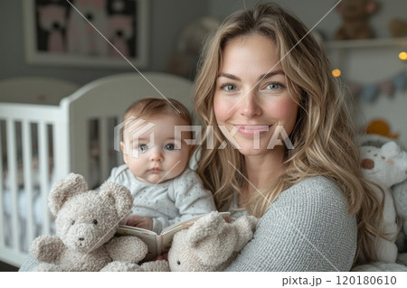 modern nursery night mother cradles her infant while gently reading story creating nurturing and tranquil environment full plush toys and soft lighting. 120180610