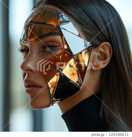 close up showcases European woman sculptural 3D makeup and semi transparent mask highlighting creativity beauty artistry simple white backdrop. 120180611