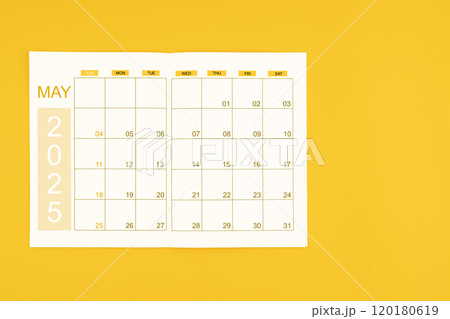 Agenda or planner book for May 2025 calendar with blank space for your text. Agenda or planner book for May 2025 calendar with blank space for your text. 120180619