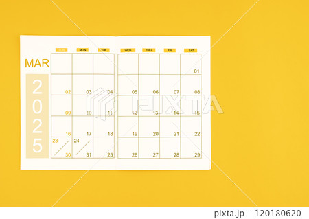 Agenda or planner book for March 2025 calendar with blank space for your text. 120180620