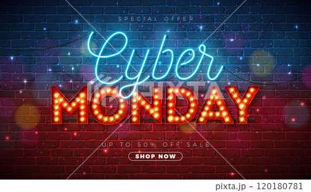 Black Friday Sale Banner with Glowing Neon and Light Bulb Typography Lettering on Brick Wall Background. Modern Vector Holiday Season Minimal Design for Promotion Flyer, Advertising Poster, Fashion 120180781