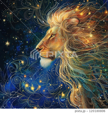 Majestic cosmic lion with flowing starry mane against a night sky, uniquely blending strength and celestial beauty 120180806