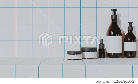 Blank cosmetic containers for cream and liquids. Jars, tubes, and bottles with dispensers on white and blue tiles, 3d render Blank cosmetic containers for cream and liquids. Jars, tubes, and bottles with dispensers on white and blue tiles, 3d render 120180972