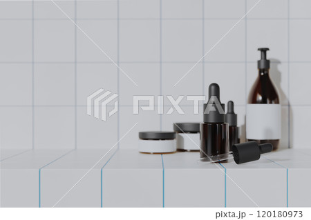 Skincare dropper bottle mock-up with white tile background, 3d Skincare dropper bottle mock-up with white tile background, 3d 120180973