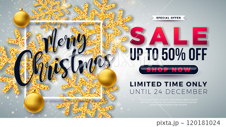 Christmas Sale Design with Gold Ornamental Ball and Glittered Snowflake on Red Background. Holiday Vector Business Illustration with Special Offer Typography Elements for Coupon, Voucher, Banner 120181024