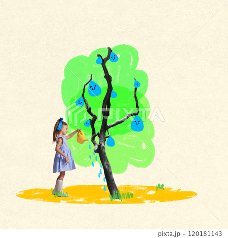 Young girl watering a tree with cartoon-like water drops, symbolizing nurturing and care. Contemporary art collage. Drink more water. Young girl watering a tree with cartoon-like water drops, symbolizing nurturing and care. Contemporary art collage. Drink more water. 120181143